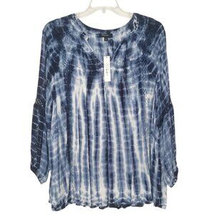 RD + KoKo Plus Size 2X Classic Navy Blue Tie Dye Print Bohemian Long Sleeve Top